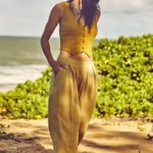 Free People Coord Roxanne Set - Crop Corset Vest & Wide Leg Pant - Lime Sz L